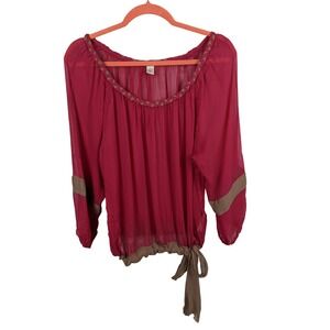 Lucky Brand Womens Medium 100% Silk‎ Pink Boho Braided Neck Peasant Blouse Top